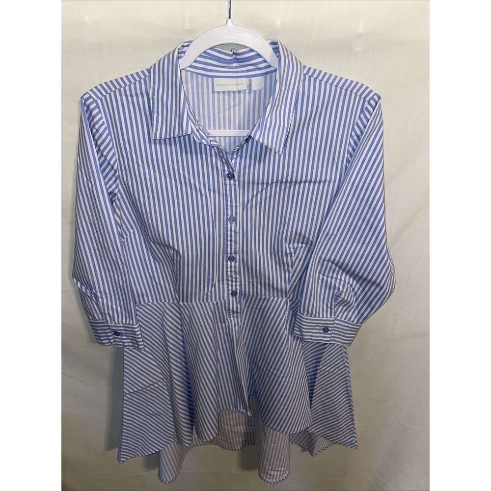 New York & Company Long Tunic Womens Size Medium Blue Striped Button Up 3/4 Slv